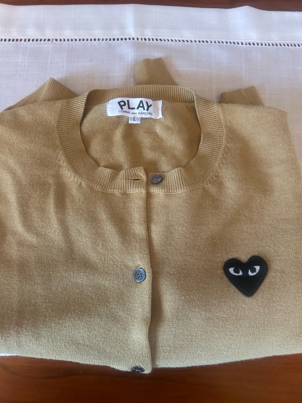 Comme des Garçons PLAY Mustard Crewneck Cardigan with Black Button - Picture 3 of 6
